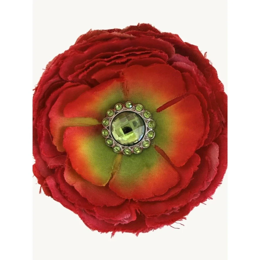 Red Flower Hair Clip Green Rhinestone Center Large Floral Statement Accessory